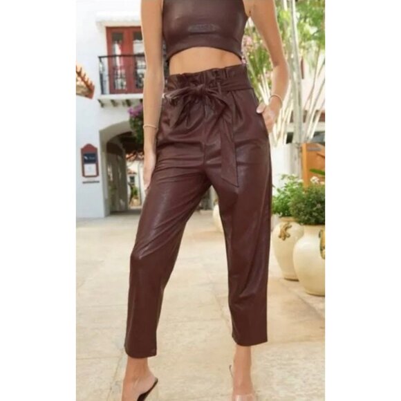 Commando Faux Leather Paperbag Pants Women Medium Brown High Rise Cropped Belted - Picture 3 of 13